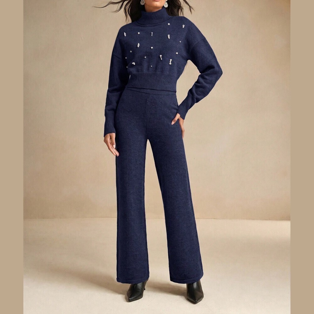 Navy Blue Knit Pearl Rhinestone Embellished Turtleneck Crop Sweater Pants Set